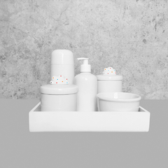 Kit Higiene C/ Garrafa Térmica Pote Algodão E Cotonete Nuvem Branco Poá