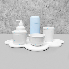 Kit Higiene C/ Garrafa Térmica Azul E Bandeja Nuvem Poá