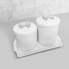 Kit Bandeja Porta Algodão E Cotonete Porcelana Laço Prata