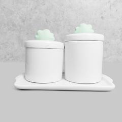 Kit Bandeja Porta Algodão E Cotonete Porcelana Nuvem Verde