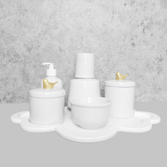 Kit Higiene C/ Moringa Cilindrica E Bandeja Nuvem Passaro Dourado