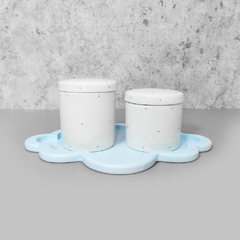 Kit higiene porcelana com bandeja nuvem azul poá