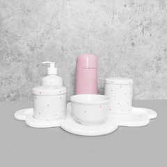 Kit Higiene C/ Garrafa Térmica Rosa E Bandeja Nuvem Poá