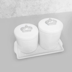 Kit Bandeja Porta Algodão E Cotonete Porcelana Coroa Prata