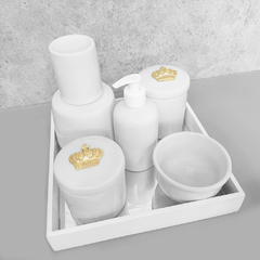 Kit Higiene C/ Moringa Cilindrica E Bandeja Quadrada Coroa Dourada