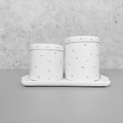 Kit Bandeja Porta Algodão E Cotonete Porcelana Branco Poá Verde