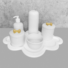 Kit Higiene C/ Garrafa Térmica Pote Algodão E Cotonete Laço Dourado