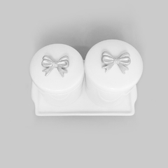 Kit Bandeja Porta Algodão E Cotonete Porcelana Laço Prata na internet