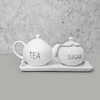 Conjunto bule de café redondo com açucareiro e bandeja porcelana words