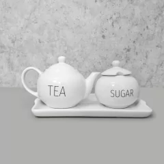 Conjunto bule de café redondo com açucareiro e bandeja porcelana words