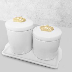 Kit Bandeja Porta Algodão E Cotonete Porcelana Coroa Dourada - comprar online