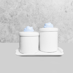 Kit Bandeja Porta Algodão E Cotonete Porcelana Nuvem Azul