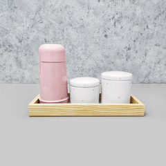Kit Higiene Porcelana com Bandeja Retangular Média Rosa Poá