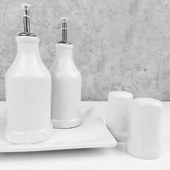 Conjunto Galheteiro Porcelana Bandeja Quadrada Branco