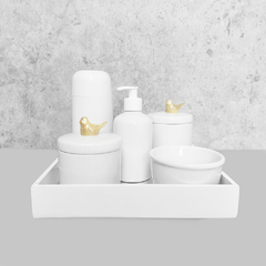 Kit Higiene C/ Garrafa Térmica Cilindrica E Bandeja Quadrada Passaro Dourado