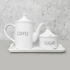 Conjunto bule de café com açucareiro e bandeja porcelana words