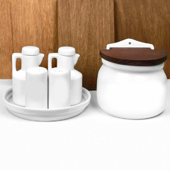 Galheteiro jumbo com saleiro tampa de madeira porcelana