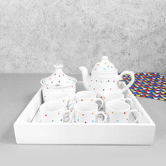 Jogo Bule Café Provençal Com Bandeja Quadrada Espelhada Branco Poá