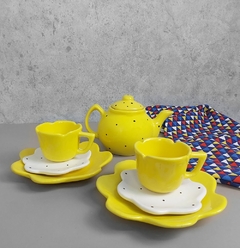 Conjunto Chá Flor 3 Peças Amarelo Poá Preto