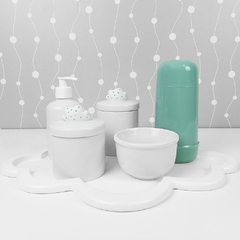 Kit Higiene C/ Garrafa Térmica Pote Algodão E Cotonete Nuvem Verde Poá na internet