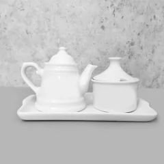 Conjunto bule de café provençal com açucareiro e bandeja porcelana