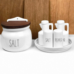 Galheteiro jumbo com saleiro tampa de madeira porcelana words