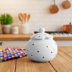 Açucareiro de Porcelana Redondo Com Bolinha Colorida