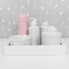 Kit Higiene C/ Garrafa Térmica Pote Algodão E Cotonete Nuvem Rosa Poá