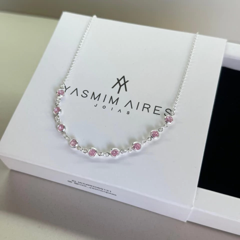 Colar zircônias rosa 35+5cm