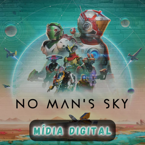 Arte do jogo No Man's Sky, apresentando personagens e elementos espaciais em um fundo colorido.