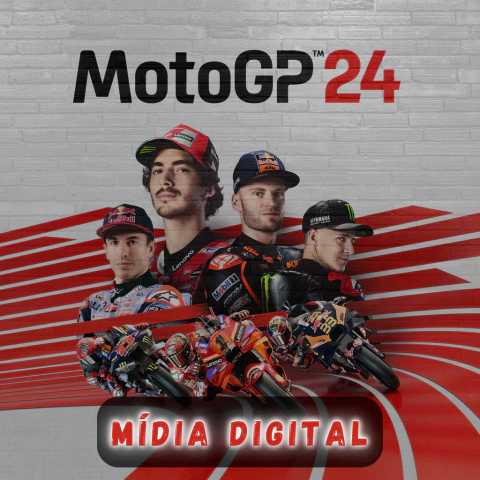 Imagem promocional do jogo MotoGP 24 para PS4 e PS5, apresentando pilotos e motos em ação.