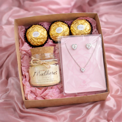 Box Dia Internacional das Mulheres: Presente Colar e brincos de Prata + Vela Aromática + Chocolates Ferrero Rocher