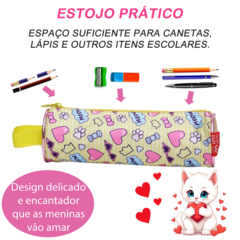 Kit Mochila de Rodinha Menina Estojo Lancheira Gata Coração
