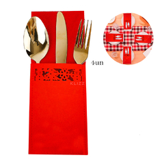 Porta Talher Vermelho 4 Peças Decoração Mesa de Natal Luxo