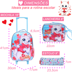 Kit Mochila de Rodinha Menina Estojo Lancheira Gata Coração na internet