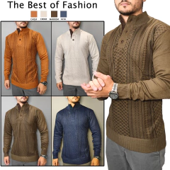 Imagem do Suéter Masculino com Gola Alta Botão Liso Punhos e barras canelados com elastano