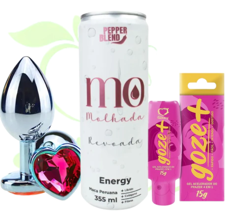 KIT COM ENERGÉTICO ESTIMULANTE REVOADA PLUG ANAL M E GOZE + GEL ACELERADOR DO PRAZER