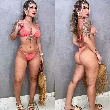 Biquíni Fita Conjunto ONCINHA ROSA COM LARANJA Meryl Semi Fio Dental Estilo Gringa