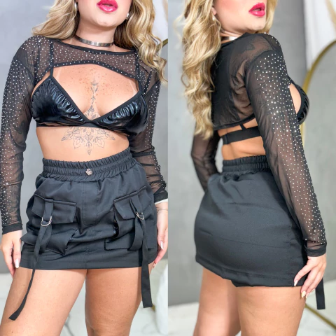 Cropped Sobreposição Tule com Pedraria PRETO Estilo Gringa Moda Blogueira Balada Festival - comprar online