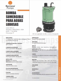Bomba Sumergible Para Aguas Lodosas Barmesa 8 Hp, 3 Fases, Descarga 4", 4KMUD803 - comprar en línea