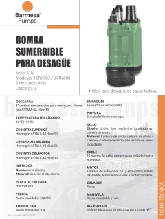 Barmesa Submersible Drain Pump 5 Hp, 3 Phases, 3" Discharge, 3KTM503 - buy online