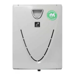 Takagi outdoor propane gas instant water heater model TKGHE-38-EP, featuring a sleek white design and a green energy efficiency sticker.