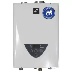 TAKAGI Instant Water Heater model TKGU-30-IN, designed for natural gas use, featuring a control panel and indicator lights.