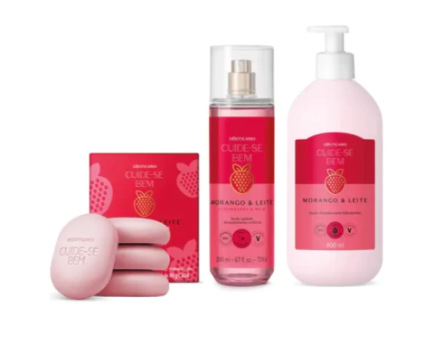 Kit Cuide-se Bem Morango E Leite: Loção + Body Splash + Sabonete