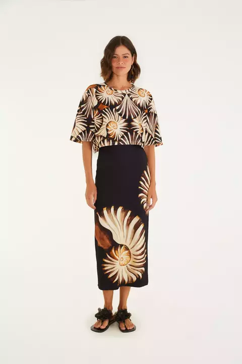 Saia Midi Reta Estampada Amonita -Farm