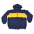 Jaqueta moletom infantil azul com faixa amarela, ideal para uniforme escolar, tamanho de 2 a 8 anos.
