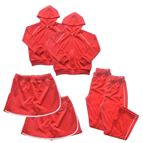 Kit farda escolar para meninas com 2 calças, 2 jaquetas e 2 shorts saia na cor vermelha.