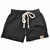 Shorts pretos infantis para meninos, com cordão na cintura e detalhe de logo.