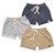 Kit com 3 shorts bermuda infantis para meninos em cores cinza, azul e bege.