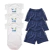 Conjunto de 3 bodies brancos com estampa colorida e 3 shorts bermuda azuis para bebês.